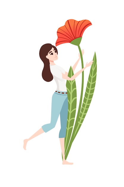 Big poppy flower and women in casual clothes abstract cartoon character design flat vector illustration on white background.