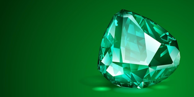 A big precious green crystal like an emerald with highlights and shadow on a color background faceted gemstone