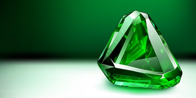 A big precious green crystal like an emerald with highlights and shadow on a color background Faceted gemstone