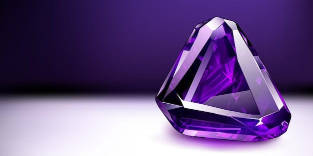 Большой драгоценный фиолетовый кристалл, похожий на аметист, с бликами и тенью на цветном фоне. Граненый драгоценный камень