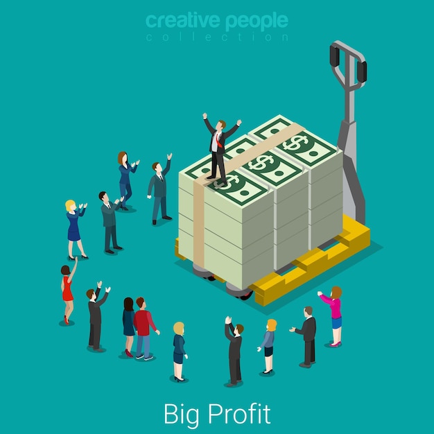 Big profit, snatch. flat isometric business success concept  micro businessmen big dollar money bundle pallet.