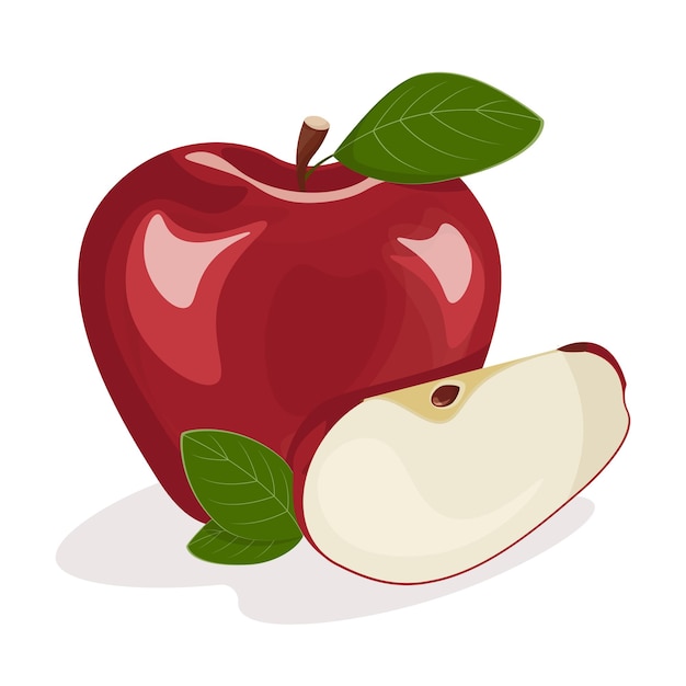 Grande mela rossa con illustrazione vettoriale delle foglie