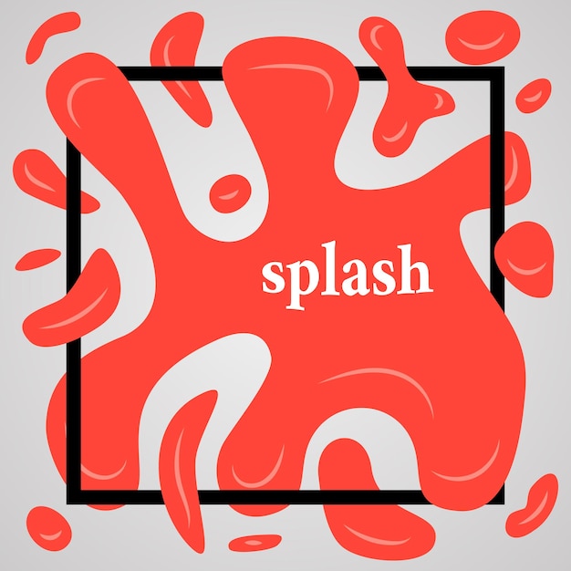 Big red splash with lots of small splashes in black frame and inscription splash. Vector illustration