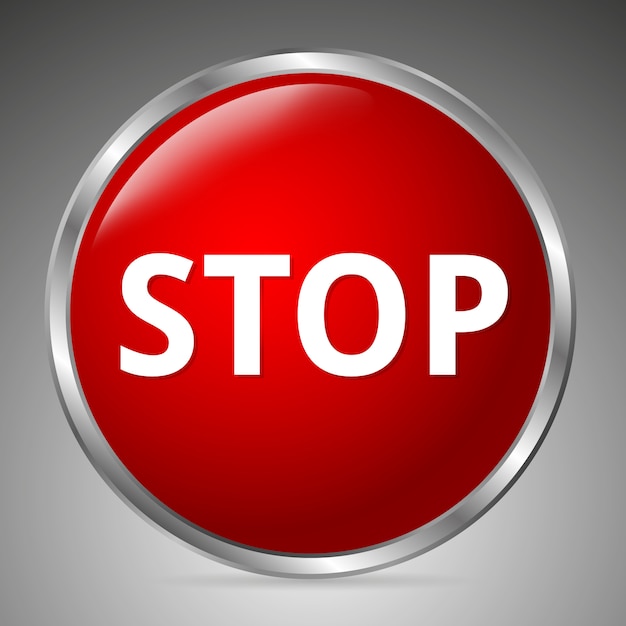 Vector big red stop button on a gray background. 3d style.