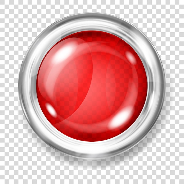 Vector big red transparent glass button with silver metallic border