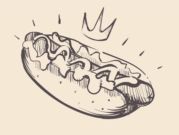 Vector big royal hot dog with mustard sketch