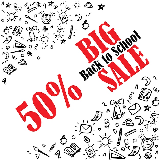 Big sale 50 back to school school background Seamless pattern with doodles