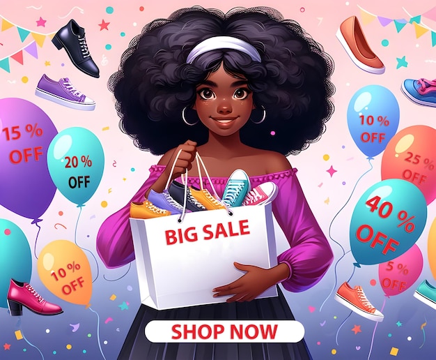 Big sale banner with a black teenage girl holding a bag of shoes sale balloons