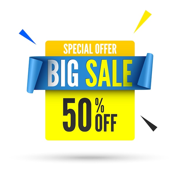 Big sale banner with blue ribbon.