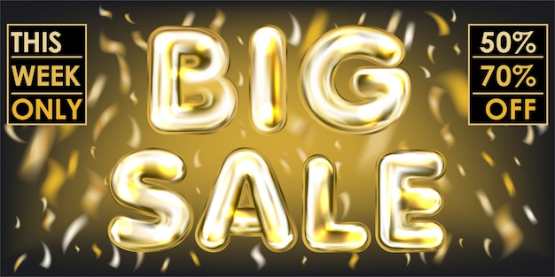 Big sale black banner with golden balloon lettering