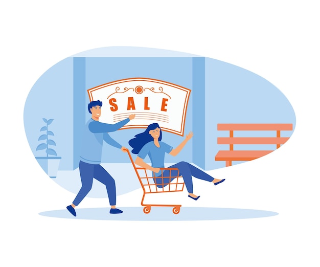 Big sale concept Man push shopping cart with woman Big sale shopping flat vector modern illustration