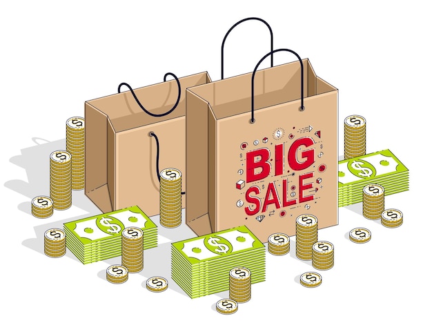 Big Sale concept, Retail, Sellout, Shopping Bag met contant geld stapels en munt stapels geïsoleerd op een witte achtergrond. Vector 3d isometrische zaken en financiën illustratie, dunne lijn ontwerp.