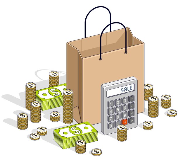 Big sale concept, retail, sellout, shopping bag with cash money stacks and calculator isolated on white background. vector 3d isometric business and finance illustration, thin line design.