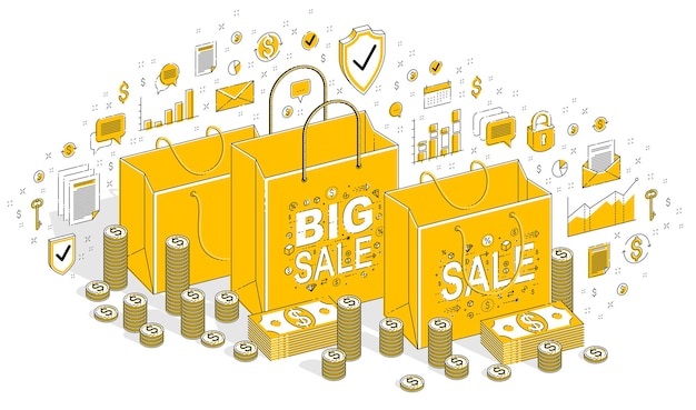 Big Sale concept, Retail, Sellout, Shopping Bag with cash money stacks isolated on white background. Vector 3d isometric business illustration with icons, stats charts and design elements.