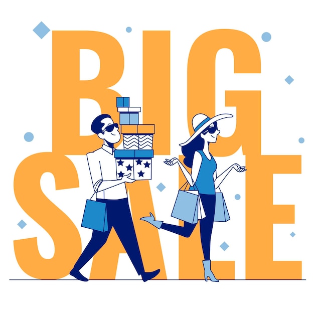 Vector big sale concept with shoppers