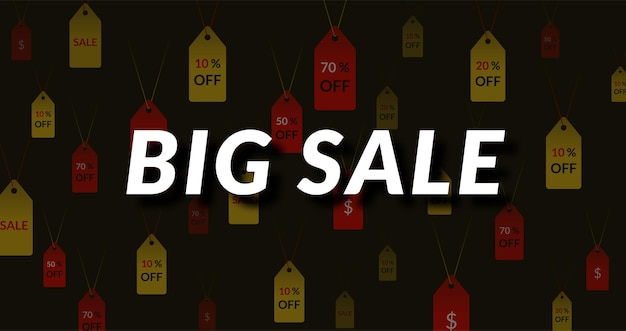 Big sale on a dark background with discount tags.