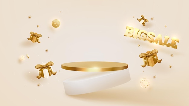 Big sale day background, podium with gift box and ball luxury, golden ribbon. 3d vector illustration.