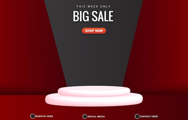 big sale discount template banner with blank space 3d podium for product sale with abstract gradient red background design