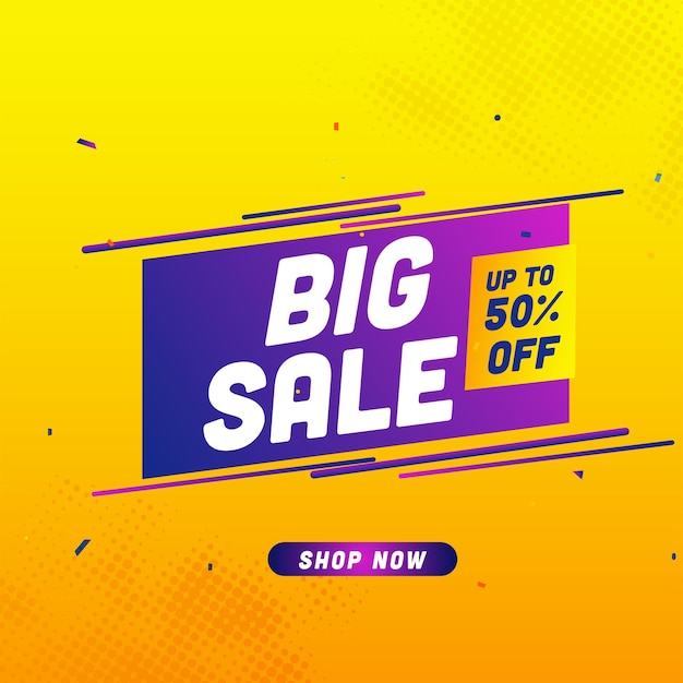 Big sale poster design with 50% discount offer on yellow halftone background