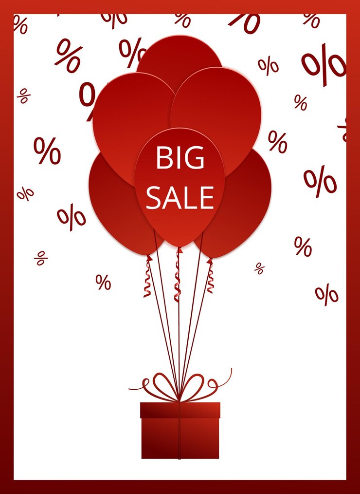 Big sale poster whith red balloons and gift box. Vector illustration with isolated design elements