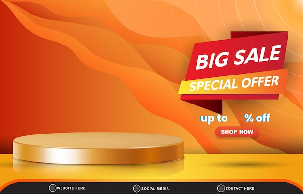 Big sale special offer sale template banner with blank space 3d podium for product sale with abstract gradient orange and yellow background design