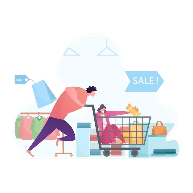 Vector big sale with man push shopping cart and woman holding boxes