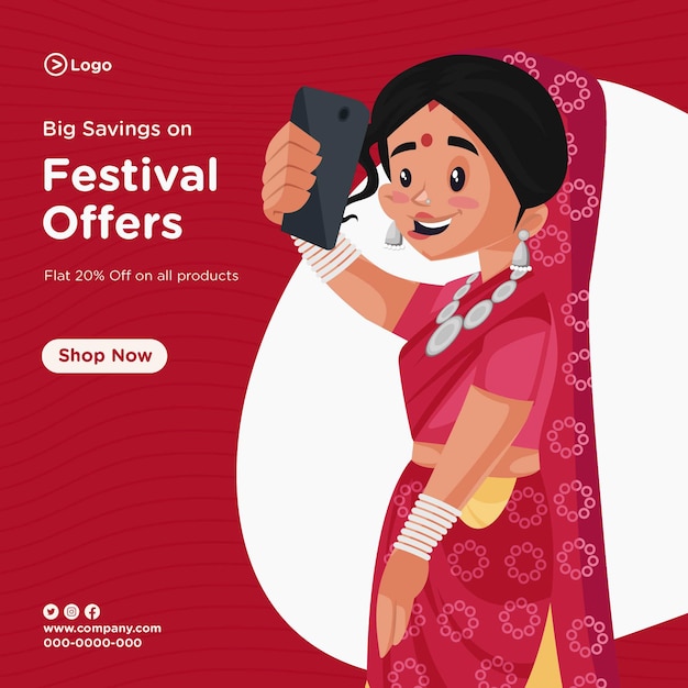 Big savings on festival offers banner design in cartoon style