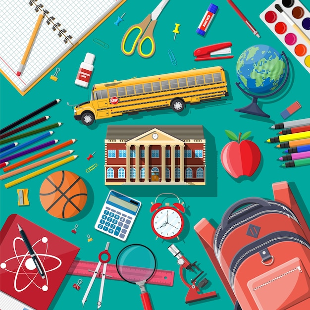 Vector big school set. different school supplies, stationery. yop view