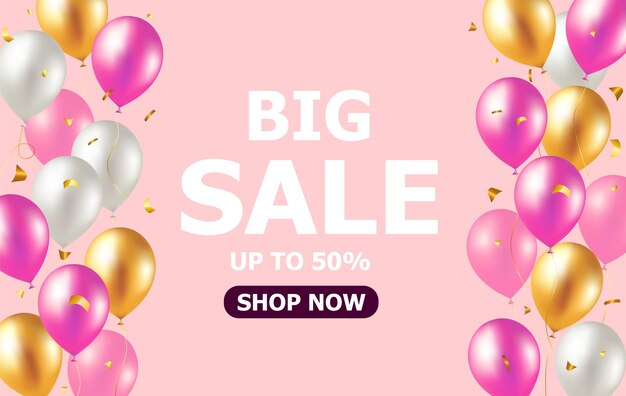 Big seasonal final sale text special offer celebrate background with gold and pink air balloons realistic vector stock design for shop and sale banners grand opening party flyer