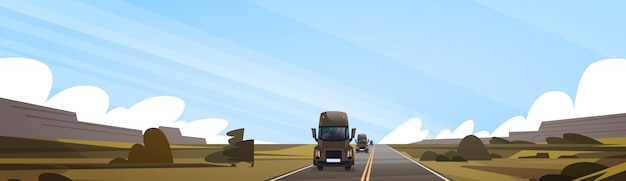 Big Semi Truck Trailer Driving On Coutryside Road Over Nature Landscape Horizontal Banner