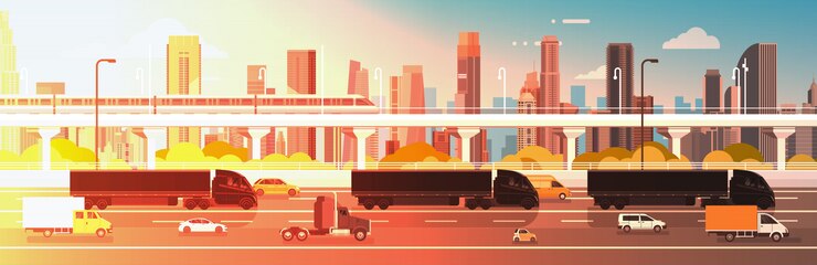 Vector big semi truck trailers driving in line on highway road with cars, lorry over city background delive
