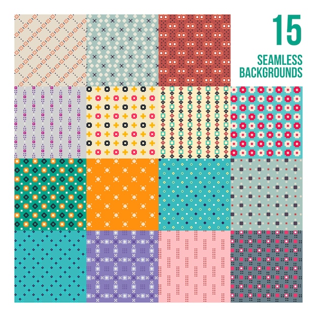 Big set of 16 colorful pixelated patterns. childish style. useful for wrapping and textile design.