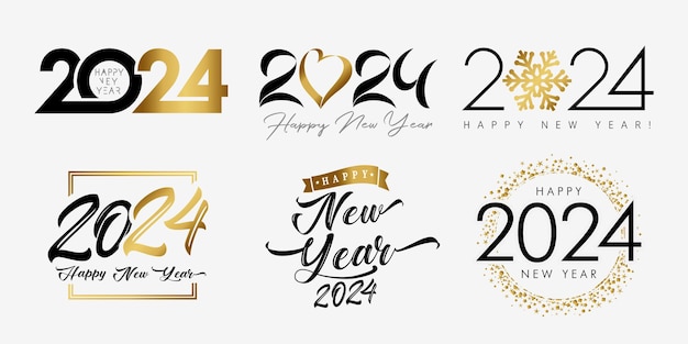 Big set del 2024 happy new year logo con lettere dorate e nere con icone vettoriali a cuore e fiocchi di neve