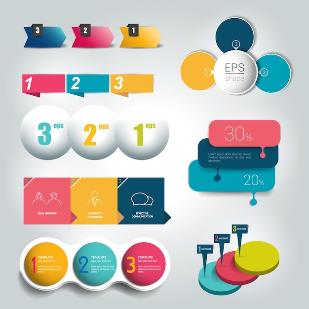 Big set of 3 steps round diagram graph chart flowchart banner template Vector