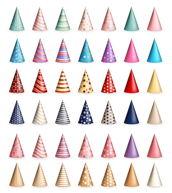 big set of 42 realistic colorful 3d birthday hats or party paper caps in cone shape for celebrating
