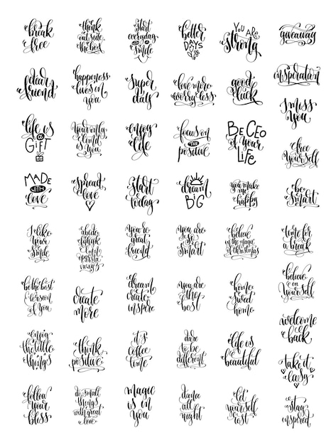 Grande set di 50 citazioni positive di iscrizione, motivazione e ispirazione scritte a mano, collezione di illustrazioni vettoriali di calligrafia