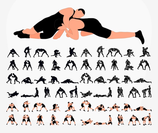 Big set 60 silhouettes athlete wrestler in wrestling duel fight Greco Roman wrestling sportsmanship