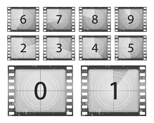 Вектор Биг установил классический кадр обратного отсчета фильма под номером один, два, три, четыре, пять, шесть, семь, восемь и девять. счетчик таймера старого фильма. обратный отсчет фильмов