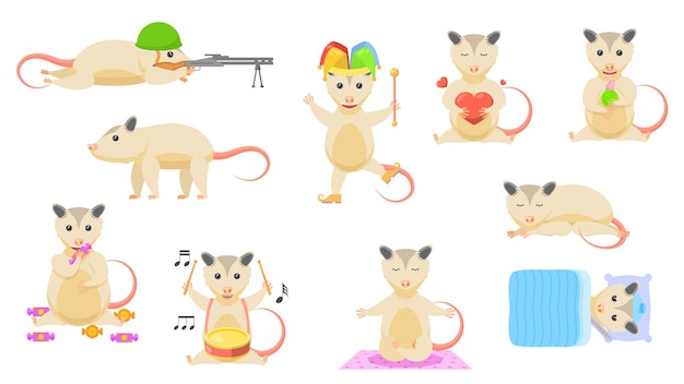 Big Set Abstract Collection Flat Cartoon Different Animal Opossums Vector Design Style Elements