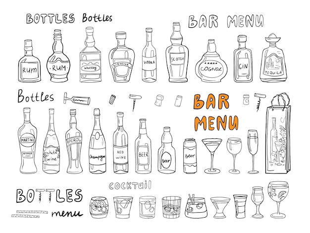 Vettore grande set di bottiglie alcoliche e bicchieri in stile doodle alcol cocktail bevande champagne birra