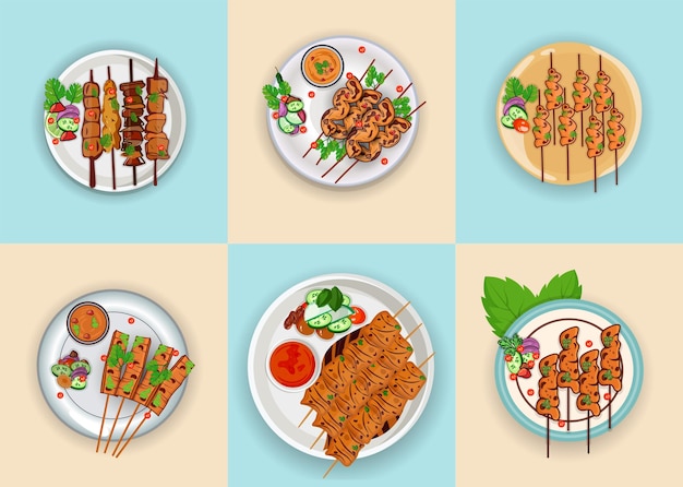 아시아 음식 Satay 일러스트 컬렉션, 다채로운 Satay 벡터 디자인, 프리미엄 벡터의 큰 세트.