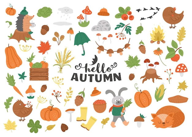 Big set of autumn clipart. cute fall season icons pack.  funny forest animals