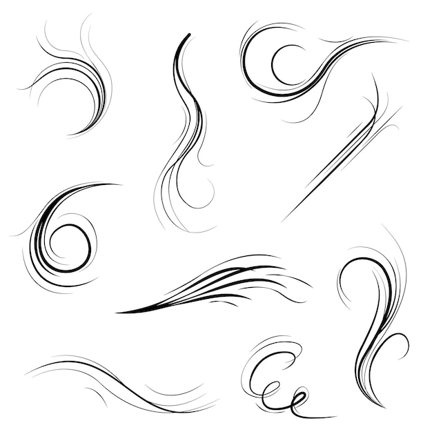 big set black collection simple line winds gust squall curl doodle outline nature element vector