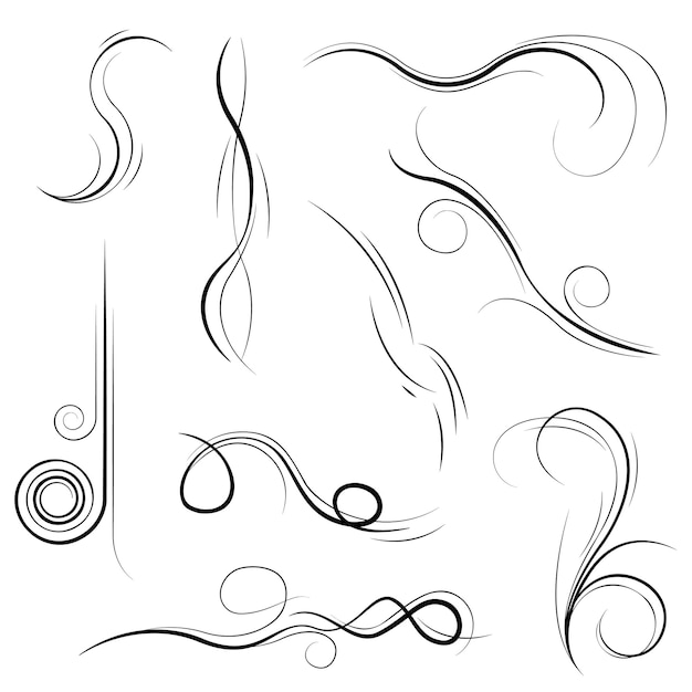 Vector big set black collection simple line winds gust squall curl doodle outline nature element vector