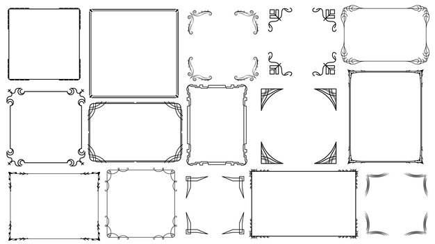 ビッグ・セット・ブラック・シンプル・ライン・フレーム・コレクション ドードル・スクエア フローラル・フレーム・エレメント ベクター・デザイン・スタイル
