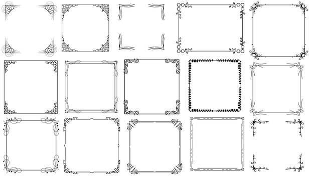 Большой набор черный простой линейный кадр коллекция дудл квадратный цветочный кадр элементы векторный стиль дизайна