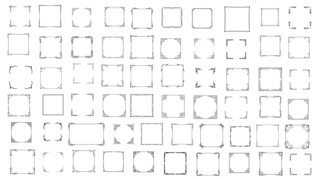 Вектор Большой набор черный простой линейный каркас коллекция дудл квадратный цветочный каркас элементы векторный стиль дизайна