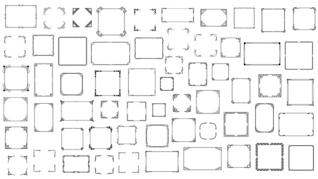 Большой набор Черный простой линейный каркас Коллекция Дудл Квадратный цветочный каркас Элементы Векторный стиль дизайна
