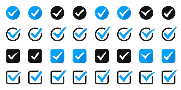 Big set of blue check or tick icons for design