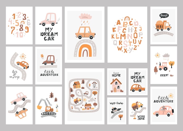 Vector big set of boho posters with cute nursery cars